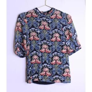 Anthro Blue Pink Florals Gold Short Sleeve Blouse - 10